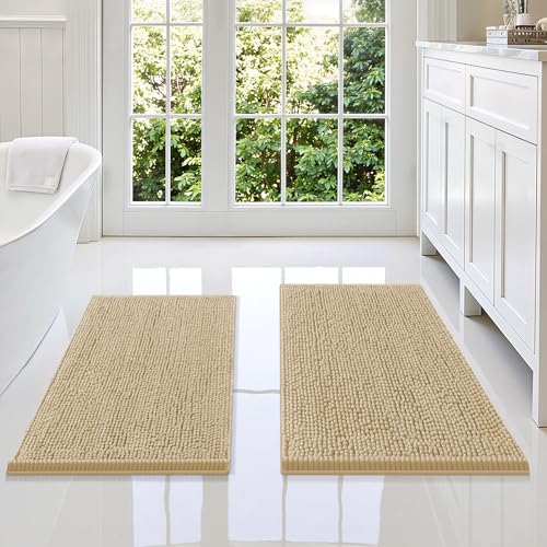 Smiry Bathroom Rugs Sets 2 Piece, Soft Absorbent Chenille Machine Washable Non Slip Shaggy Bath Rug Set for Tub, Shower, and Floor (34x21+30x20, Beige) - color: Beige, size: 34"x21"+30"x20"
