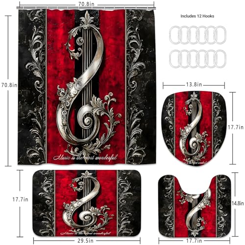 Chrainy 4pcs Musical Note Gothic Shower Curtain Set for Bathroom Red and Black Vintage Music Abstract Bathroom Decor Sets with Shower Curtain and Rugs,Accessories Bath Mat,U Shape and Toilet Lid Cover - color: Black