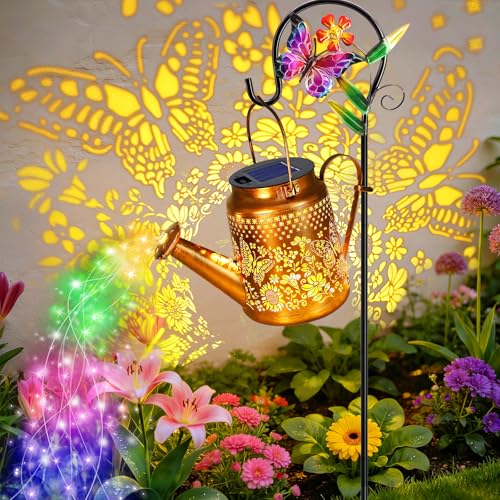 ANGMLN Butterfly Solar Lights Outdoor Waterproof, Birthday Gifts for Mom Grandma Women, Solar Watering Can Lights with Shepherd Hook, Metal Hanging Lantern Garden Decor Yard Outside Patio Lawn - color: Butterfly&Sunflower