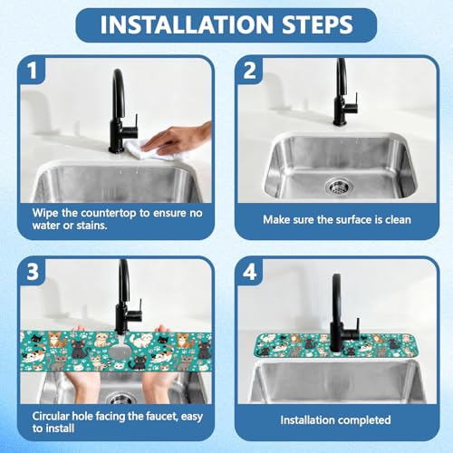 2 Pcs Kitchen Sink Splash Guard Faucet Mat Various Cats Pattern Faucet Mat for Sinks Paw Prints Absorbing Drying Mats for Kitchen Bathroom, 23.6x5.5inch - color: Various Cats