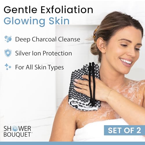 Japanese Exfoliating Washcloth for Back & Body 2-Pack - Charcoal & Silver Ion Exfoliating Towel with Handles - Two-Sided Gentle Exfoliation & Deep Cleanse Body Wash Cloths for Shower - 2 White - color: 2 Charcoal White, size: 1 Count (Pack of 2)