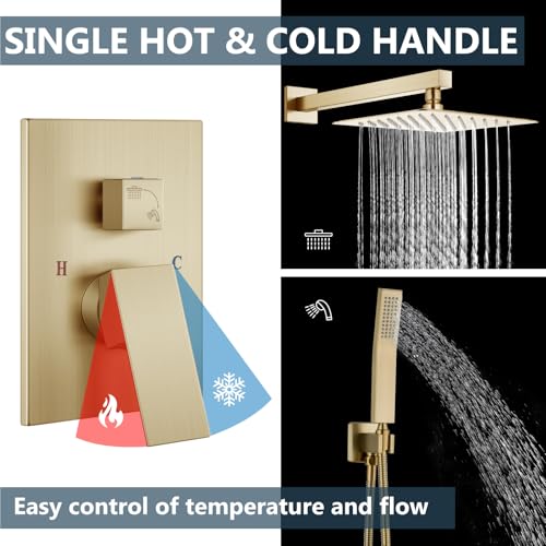 Aolemi Shower Faucet Set Rain Shower System with Handheld Spray Bathroom Shower Combo Rough-in Valve and Shower Trim Kit Included Brushed Gold 8 Inch Wall Mount Shower Head - color: Brushed Gold, size: 8 Inch Wall Mount Shower Head