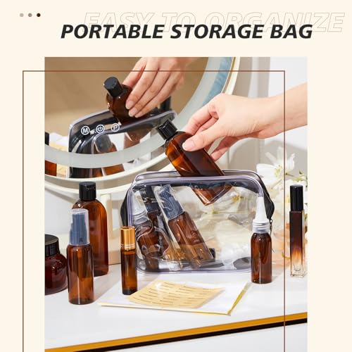 21 Pcs Amber Plastic Travel Toiletry Bottles Set, TSA Approved Travel Containers, Leak Proof Containers with Refillable Squeeze Bottle, Roller Balls, Pump sprayer, Perfume Atomizer, Labels & Funnel