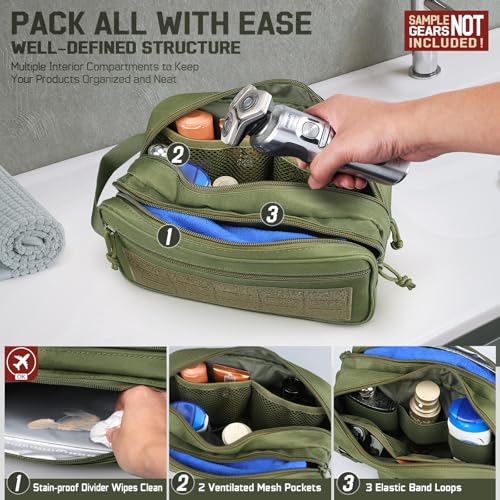 RXW EDC Toiletry Bag for Men, Tactical Dopp Kit, Molle Pouches Compact Travel Organizer for Shaving Shower, Hygiene, Grooming (Includes Dry/Wet Compartment & US Flag Patch) - color: Army Green