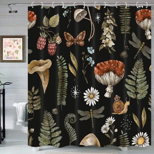Vintage Mushroom Shower Curtain, Black Botanical Floral Woodland Nature Forest Plants Witchcraft Bathroom Curtain, Waterproof Polyester with Hooks 72 x 78 inch - color: Green Red Black, size: 72"W x 78"L (Pack of 1)