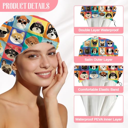 Funny Dog Reusable Shower Cap Cute Double Layer Waterproof Shower Caps Large Elastic Hair Cover Adjustable Hair - Drying Caps for Woman Man Bath SPA Travel One Size Fits Most - color: Funny Dog