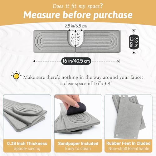 Diatomite Sink Faucet Splash Guard U Shape, 16" Large Stone Sink Tray, Mordern Faucet Handle Drip Catcher Stone, Durable Faucet Draining Mat Protector for Kitchen Bathroom Island Counter, Light Grey - size: 16" x 3.9"