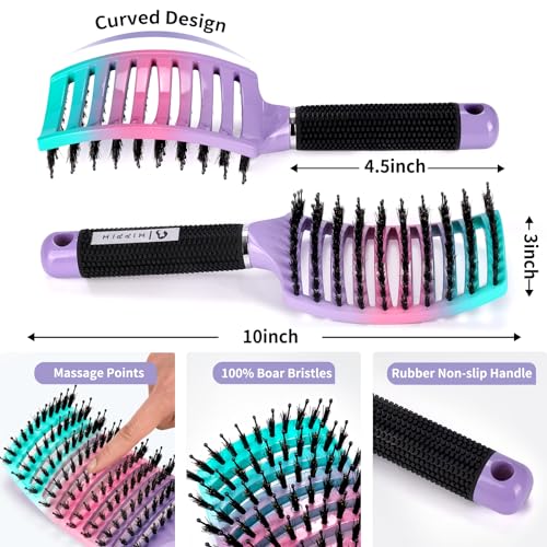 Boar Bristle Hair Brush Set of 2, HIPPIH Wet & Dry Hair Brushes Made by Fine Natural Boar Hair Can Adds Shine and Smoothing, Detangling Hairbrush for Women, Men & Kids' Long Curly Thick Hair - color: Mint Purple & Green