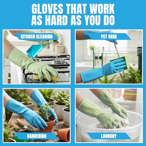 JOR Kitchen Dishwashing Gloves, Durable and Reusable Rubber with Non-Slip Grip, For Household Chores, Multi-purpose Use for Pantry, Bathroom Laundry, Medium, 12-inch Long Cuff, 2 Pairs, Green & Blue