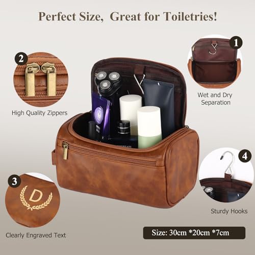 OXYEFEI Personalized Toiletry Bag for Men,Personalized Gifts for Men,Engraved Initial PU Leather Mens Toiletry Travel Shaving Travel Essentials Toiletries Bag for Him Birthday (M, Light Brown) - color: Light Brown, style: M