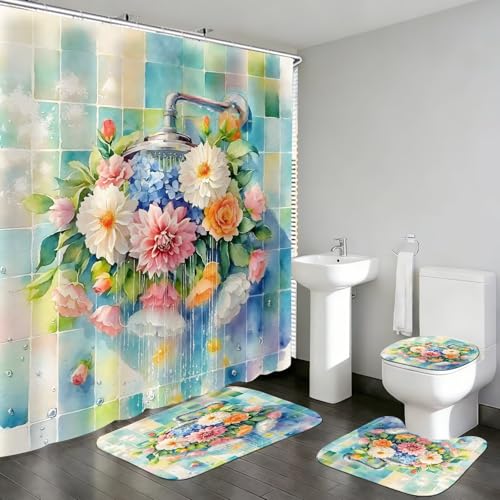 DDQQ 4Pcs Colorful Floral Shower Curtain Set Modern Showerhead Bathroom Sets with Rugs Spring Flower Shower Curtain Set Brightly Bathroom Rugs Set Bathroom Decor Toilet Lid Cover 12 Hooks - color: Colorful