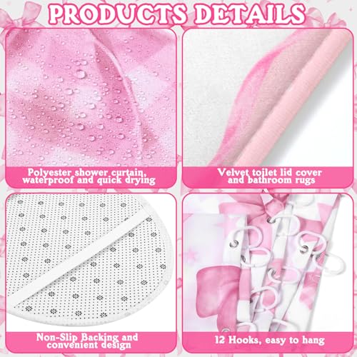 FuWeave 8 Pcs Pink Bow Shower Curtain Sets for Bathroom Decor Cute Coquette Bathroom Accessories Bow Knot Aesthetic Girly Shower Curtain Sets with Towels Carpet Bath Mat Toilet Rugs and 12 Hooks - color: Pink Bow