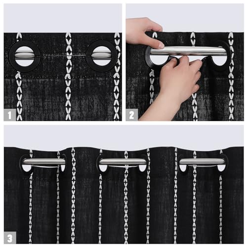 MitoVilla No Hooks Required Boho Farmhouse Shower Curtain with Snap-in Liner, Cotton Linen Fabric Shower Curtains with Tassels for Rustic Neutral Bathroom Decor, Black and White, 72 x 74 - color: Black
