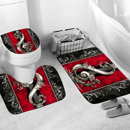 Chrainy 4pcs Musical Note Gothic Shower Curtain Set for Bathroom Red and Black Vintage Music Abstract Bathroom Decor Sets with Shower Curtain and Rugs,Accessories Bath Mat,U Shape and Toilet Lid Cover - color: Black