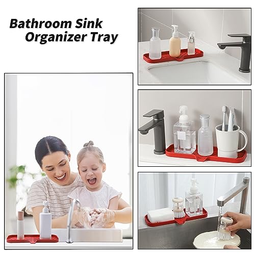 MicoYang Silicone Soap Dish with Drain Spout — Self-Draining Double Sink Organizer Tray for Kitchen & Bathroom, Dispensers, Sponges & Soap Holder, Non-Slip & Dishwasher Safe, Red (Large, 12"×4") - color: Red, size: L(12"×4")