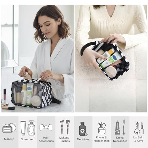 Clear Makeup Bag for Women, Double Zipper Travel Toiletry Cosmetic Bags, Portable Make up Bag Organizer Case Travel Essentials, Checkered - color: Checkered 166