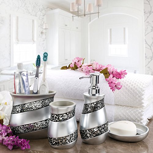Creative Scents Silver Mosaic Bathroom Cup - Electric Toothbrush and Toothpaste Holder for Bathroom - Tooth Brush Holder Tumbler Cup for Toothbrushes, Toothpaste or Makeup Brushes (Silver)
