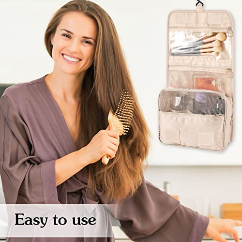 Pengxiaomei Toiletry Bag for Women, Waterproof Hanging Cosmetic Bag Portable Travel Makeup Pouch Multifunction Handle Bathroom Bag for Teen Girl Summer Camp (Beige) - color: Beige