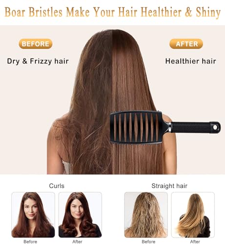 KTKUDY Detangling Brush Boar Bristles Hairbrush Make Hair Shiny & Healthier Curved and Vented Detangler Brush for Women Men Kids Wet & Dry Hair (Black) - color: Black