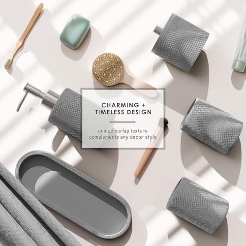 Clara Clark Bathroom Set - Grey Bathroom Accessories Set, 5PC Bathroom Accessory Set, Bathroom Sets with Soap Dispenser, Toothbrush Holder, Tumbler, Cotton Swab Jar & Vanity Tray - color: Grey, size: Basic Set