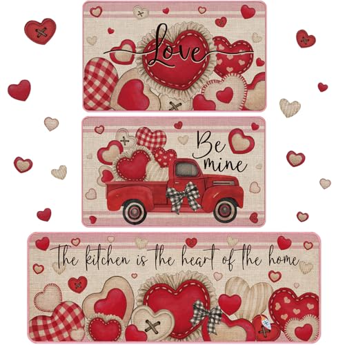 Drydiet 3 Pcs Retro Valentines Kitchen Mat and Rug Non Slip Red Heart Doormat Washable Waterproof Floor Mats Farmhouse Holiday Kitchen Decor for Home Floor Office Bathroom Party Rustic Decor - color: Red, style: Heart