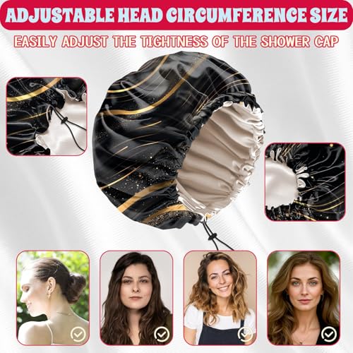 Luxury Shower Cap Satin Lined Reusable Waterproof Double Layer Elastic Adjustable Hair Bath Cap Cute Aesthetic Women Girls-Black Marble - color: F6-Black Marble