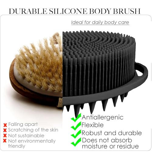 RamPula Silicone Body Scrubber, Silicone Loofah, Bath Cleaning Scrubber, Shower Sponge Glove, Exfoliating Body Brush for Wet or Dry Brushing, More Hygienic Than Traditional Loofah (Black and Grey) - color: Black and Grey