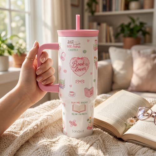 SANDJEST Book Lover Stainless Steel Locking Lid Silicone Straw Tumbler with Handle 40oz, Insulated Stainless Steel Travel Cup for Women Bookworm, Gift Idea for Birthday Christmas - color: Book Lover