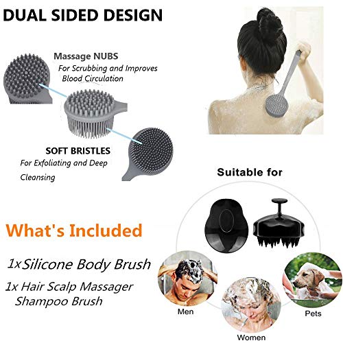 Silicone Body Scrubber & Scalp Massager, Long Handle Back Scrubber for Shower, Exfoliating Brush, Hair Dandruff Shampoo Brush for Men, Women & Kids - color: Gray