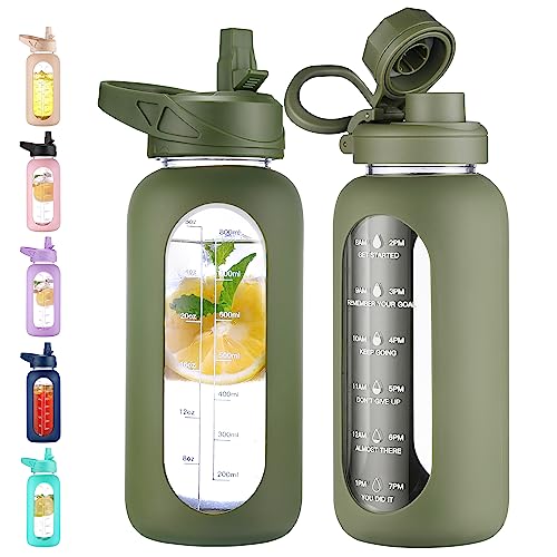 CIVAGO 32 oz Glass Water Bottle with Straw and Handle, Large Sports Motivational Water Bottle Flask with Time Marker, Leakproof Water Jug Canteen with Silicone Sleeve for Gym, Army Green - color: .Army Green, size: 32 Ounces