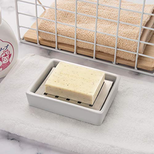 TOPSKY Ceramic Soap Dish Holder Stainless Steel for Bathroom, Double Layer, Self-draining Soap Tray, Say No to Mushy Soap, Easy Cleaning. (White)