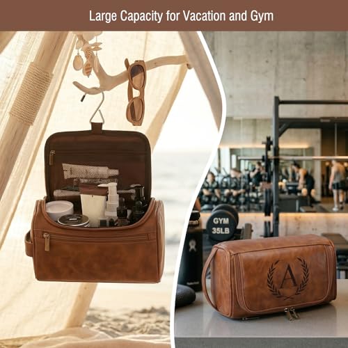 Travel Toiletry Bag Hanging For Mens PU Leather - Yellow Brown (Initial D) | Waterproof Dopp Kit Bag Beach Travel Essentials Bathroom Organizer, Personalized Gifts For Father Husband Groomsmen Birthday - color: Yellow Brown, style: D