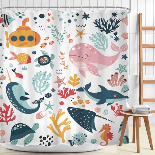 Kids Shower Curtain Ocean Cute Cartoon Whale Funny Kid Bathroom Set Underwater Coastal Submarine Fish Animal Nursery Baby Boys Girls Children 72Wx72H Bath Curtain Fabric Polyester 12 Pack Hooks - color: A 01ocean, size: 72"W x 72"L (Pack of 1)