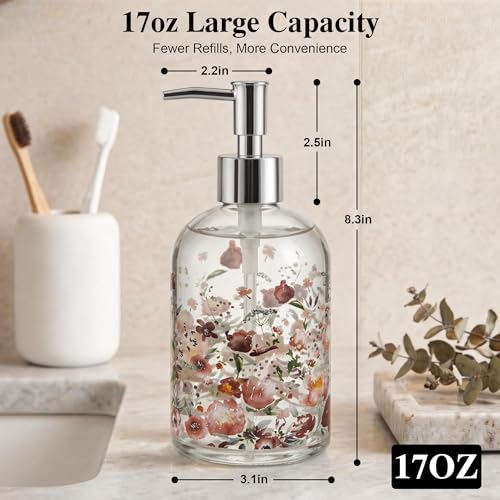 Topadorn 17oz Watercolor Floral Glass Soap Dispenser, Refillable Liquid Pump Bottle, Pink Flower Print for Bathroom Kitchen - color: Pink Flower