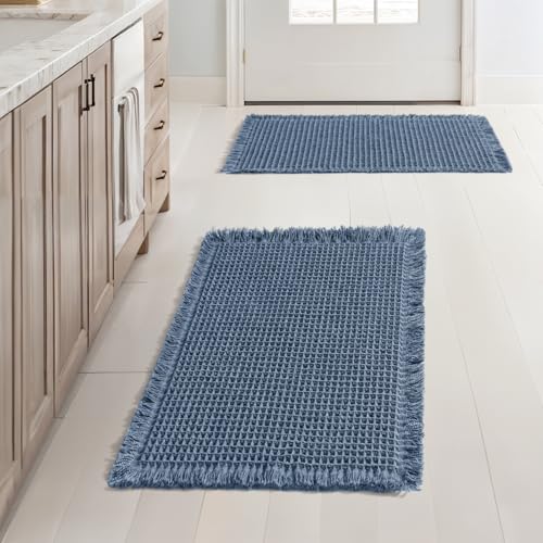 MIULEE Set of 2 Waffle Bathroom Rugs, Boho Bath Rugs Non Slip Washable, Super Absorbent Bath Mats, Ultra Soft Rubber Backed Shower Mats for Bathroom Floor, Tub and Shower, Blue, 17x24 Inch - color: Blue, size: 17''x24''