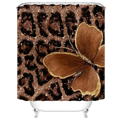 4 Piece Brown Glitter Leopard Shower Curtain Set with Rugs | Luxury Golden Butterfly Art, Glam Animal Print Fabric, Non-Slip Mats, Toilet Lid Cover - color: Brown