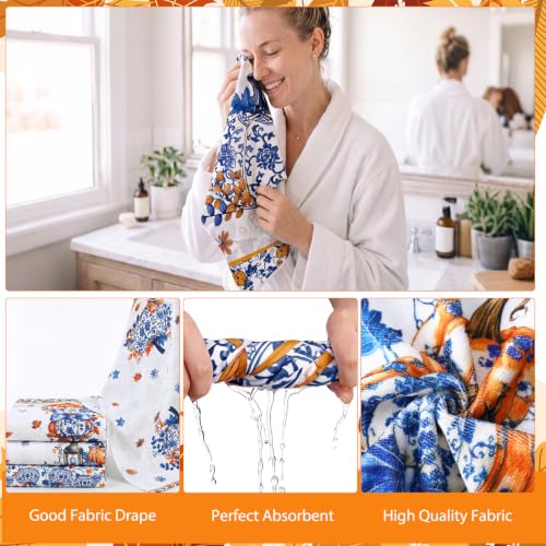 FuWeave 8 Pcs Fall Pumpkin Shower Curtain Set for Bathroom Decor Include Blue and White Chinoiserie Autumn Shower Curtain Harvest Floral Towels Non Slip Rugs Toilet Lid Cover Bath Mat and 12 Hooks - color: Fall Pumpkin