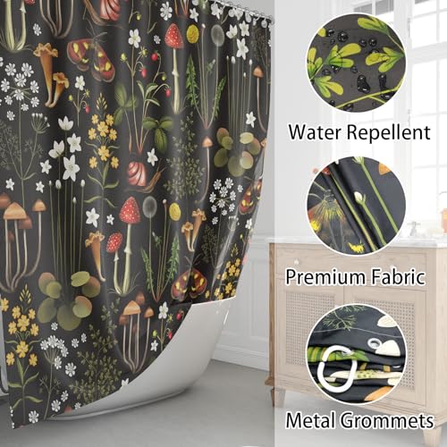 Retro Mushroom Shower Curtain for Bathroom, Fairy Forest Flowers Plants on Black Background Bath Curtains, Vintage Botanical Fabric Shower Curtain Sets with Hooks 60 x 72 - color: Red Black, size: 60"W x 72"L (Pack of 1)