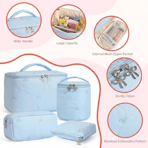 4Pcs Quilted Makeup Bag Set, Cute Bowknot Puffy Makeup Bag Toiletry Bag w/ Bow Zipper Travel Essentials Large Water-Resistant Travel Makeup Bag Versatile Cosmetic Organizer Pouch for Women Girls - color: Sky Blue