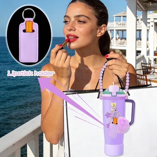 Compatible for Owala Accessories Bundle: Silicone Boot for FreeSip Sway 30oz & 40oz Bottles, Charms, Pearl Handle Strap, Rubber Bottom & Decorative Add-ons - color: Purple Plum