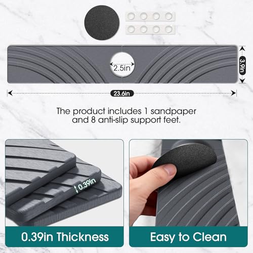 Quick Dry Stone Faucet Mat for Kitchen Sink - 23.6"x3.9" Natural Diatomite Stone Drying Mat for Kitchen Counter, Auto Drainage Sink Protector, Water Splash Guard for Bathroom (Dark Grey)
