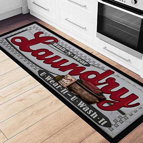 Pauwer Laundry Room Rug Runner 20"x60" Waterproof Rubber Laundry Mat Non Slip Kitchen Mats for Floor Washable Floor Mat Runner Rug for Farmhouse Mudroom Washroom Bathroom Decor - color: Laundry Grey Red, size: 1'8" x 5'