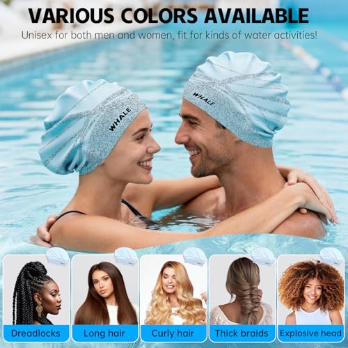 WHALE Extra Large Swim Cap Designed for Men and Women with Thick, Long Hair, Hair Extensions Or Afro-Textured Hair Long-Hair Swim Cap Highly Waterproof to Keep Hair Dry - color: Light blue