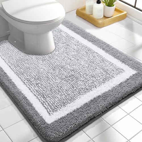 OLANLY Toilet Rugs U-Shaped 24x20, Extra Soft and Absorbent Microfiber Bathroom Rugs, Non-Slip, Machine Wash Dry, Plush Shaggy Contour Bath Mats for Toilet Base, Grey - color: Grey and White, size: 24" X 20" Contour Rug