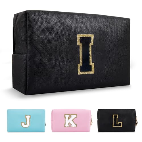 Personalized Initial A-Z Preppy Patch Makeup Bag,Small PU Chenille Letter Cosmetic Bag with Zipper for Teen Girls,Black Cute Toiletry Organizer Bag,Monogram Makeup Case Gift for Women Girls,Letter I - color: Black,Black-Letter, size: I
