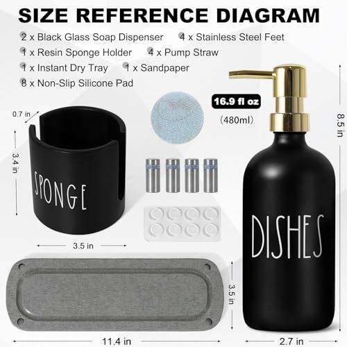 Kitchen Soap Dispenser Set, 16.9 fl oz Hand and Dish Soap Dispensers with Tray, Black and Gold Kitchen Soap Dispenser Set with Sponge Holder, Instant Dry Tray, Gold&Black - color: Black Bottle+gold Pump