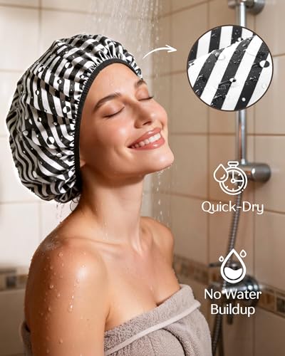 Yanibest Shower Cap for Women - Frizz Free Satin Lined Shower Cap Waterproof Large Double Layer Reusable with Soft Elastic Band for Braids Long Hair - color: Zebra