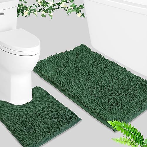 BOANKODU Bathroom Set - 2 Piece Soft Chenille Bath Rugs, Non-Slip, 32x20 + 20x20 Inch U Shape, Machine Washable (Dark Green) - color: Dark Green, size: 20" x 32" + 20" x 20" (U-Shape)