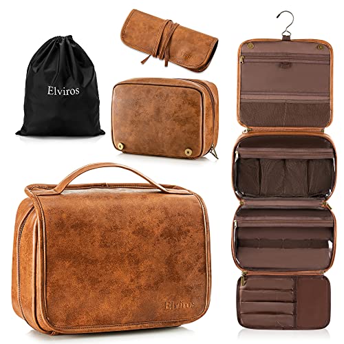 Elviros Hanging Toiletry Bag for Men PU Leather Shaving Dopp Kit (Brown) | 3-in-1 Waterproof Travel Organizer with Separate Compartments for Grooming Items, Toiletries, and Daily Essentials - color: Brown, size: 1 Pack