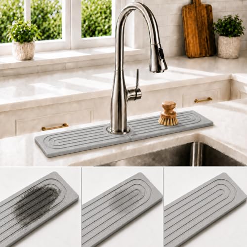 Self-Drying Stone Tray For Kitchen Sink,15.7" Water Absorbing Natura Diatomite Faucet Mat,Splash Organizer For Soap Dispenser,Sponge,Bathroom Vanity Rv Countertop Protector (Light Gray-Rectangle) - color: Light Gray-rectangle, size: 15.7" x 4"